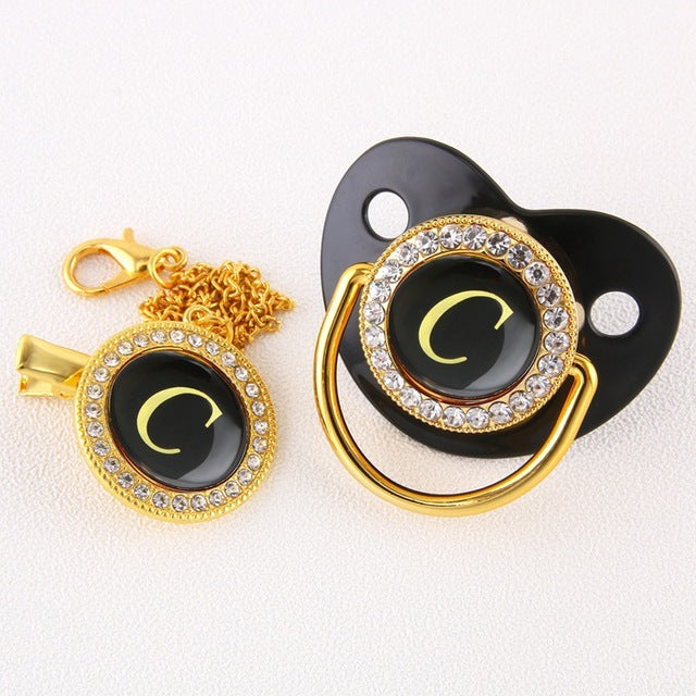 Luxury Black Gold Baby Pacifier with Clip, Letter M