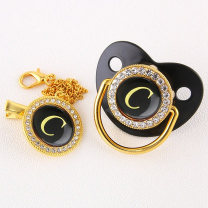 Luxury Black Gold Baby Pacifier with Clip, Letter M