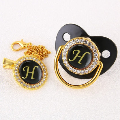 Luxury Black Gold Baby Pacifier with Clip, Letter M