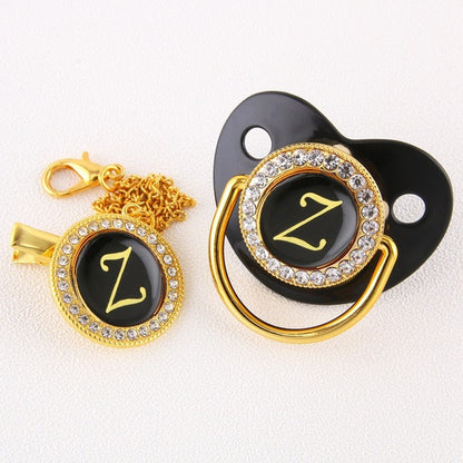 Luxury Black Gold Baby Pacifier with Clip, Letter M