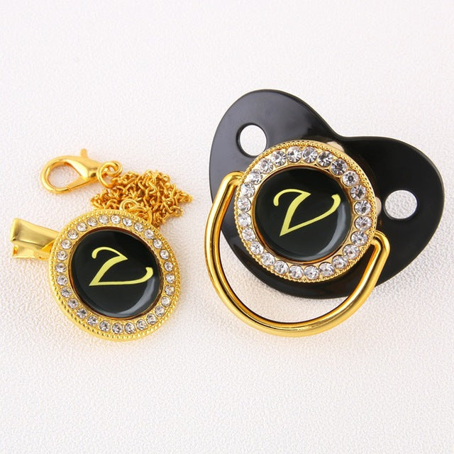Luxury Black Gold Baby Pacifier with Clip, Letter M