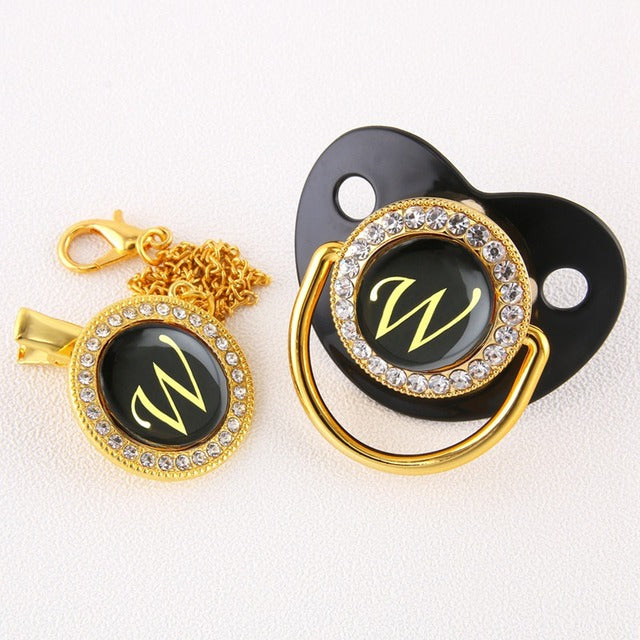 Luxury Black Gold Baby Pacifier with Clip, Letter M