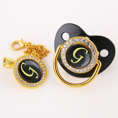 Luxury Black Gold Baby Pacifier with Clip, Letter M