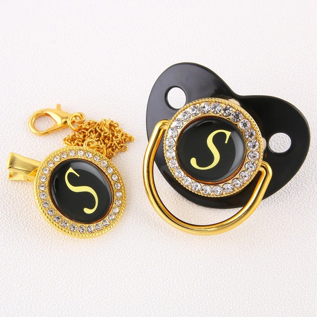 Luxury Black Gold Baby Pacifier with Clip, Letter M