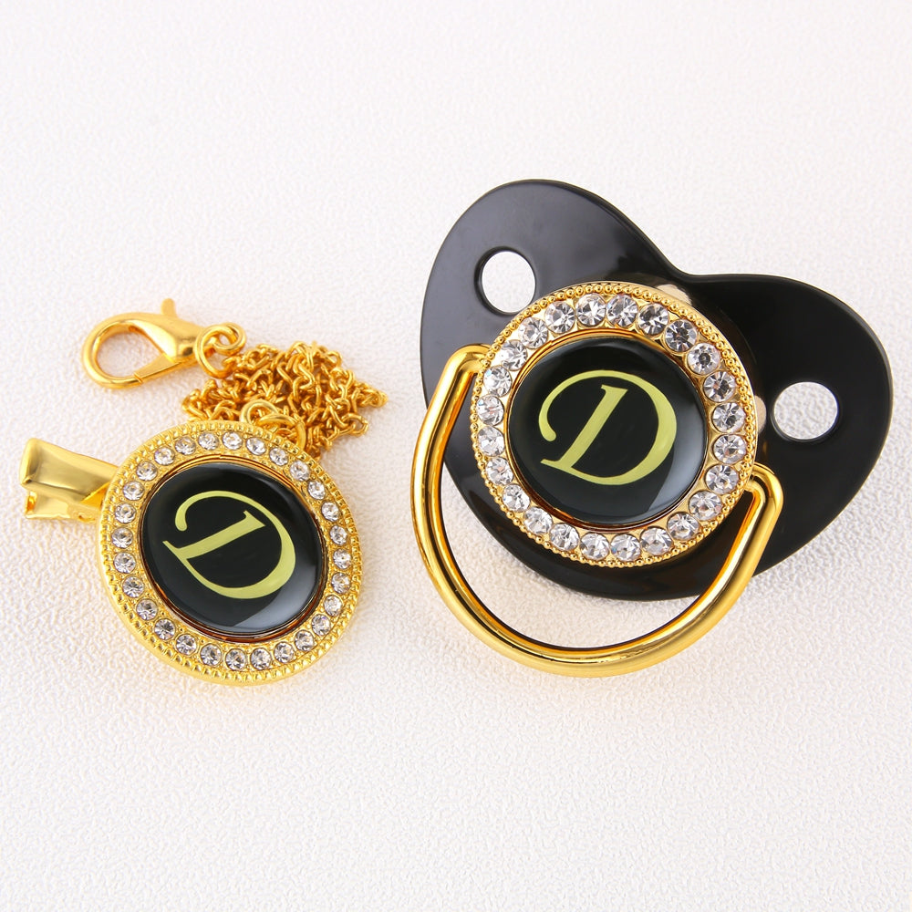 Luxury Black Gold Baby Pacifier with Clip, Letter M