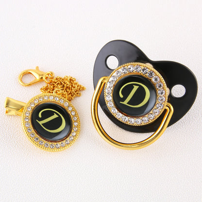 Luxury Black Gold Baby Pacifier with Clip, Letter M