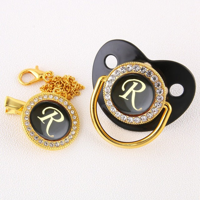 Luxury Black Gold Baby Pacifier with Clip, Letter M