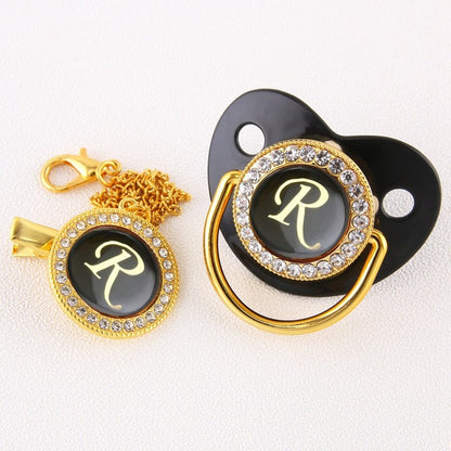 Luxury Black Gold Baby Pacifier with Clip, Letter M