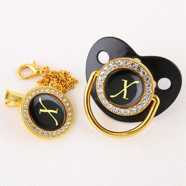 Luxury Black Gold Baby Pacifier with Clip, Letter M