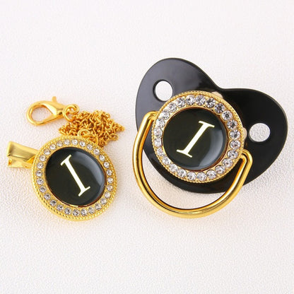 Luxury Black Gold Baby Pacifier with Clip, Letter M