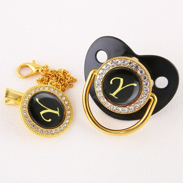 Luxury Black Gold Baby Pacifier with Clip, Letter M